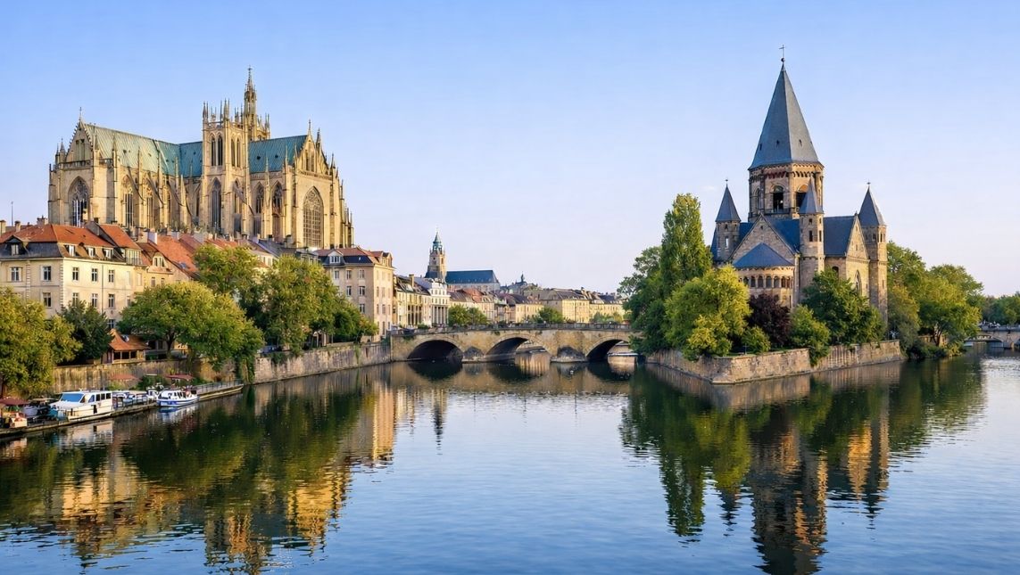 Aperçu de la ville Metz avec un lac qui l'entoure.